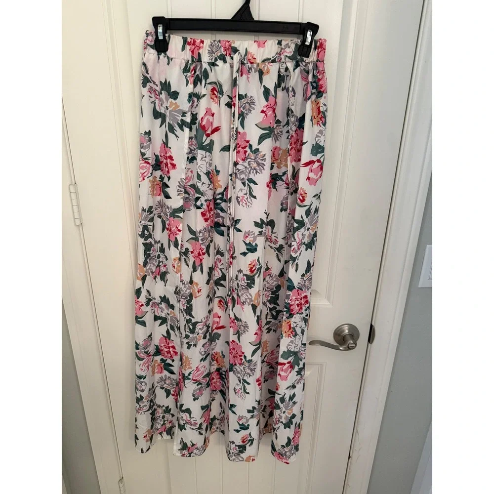 Floral Maxi Skirt White Pink Green Double Slit Beach CoverUp Vacation Skirt boho